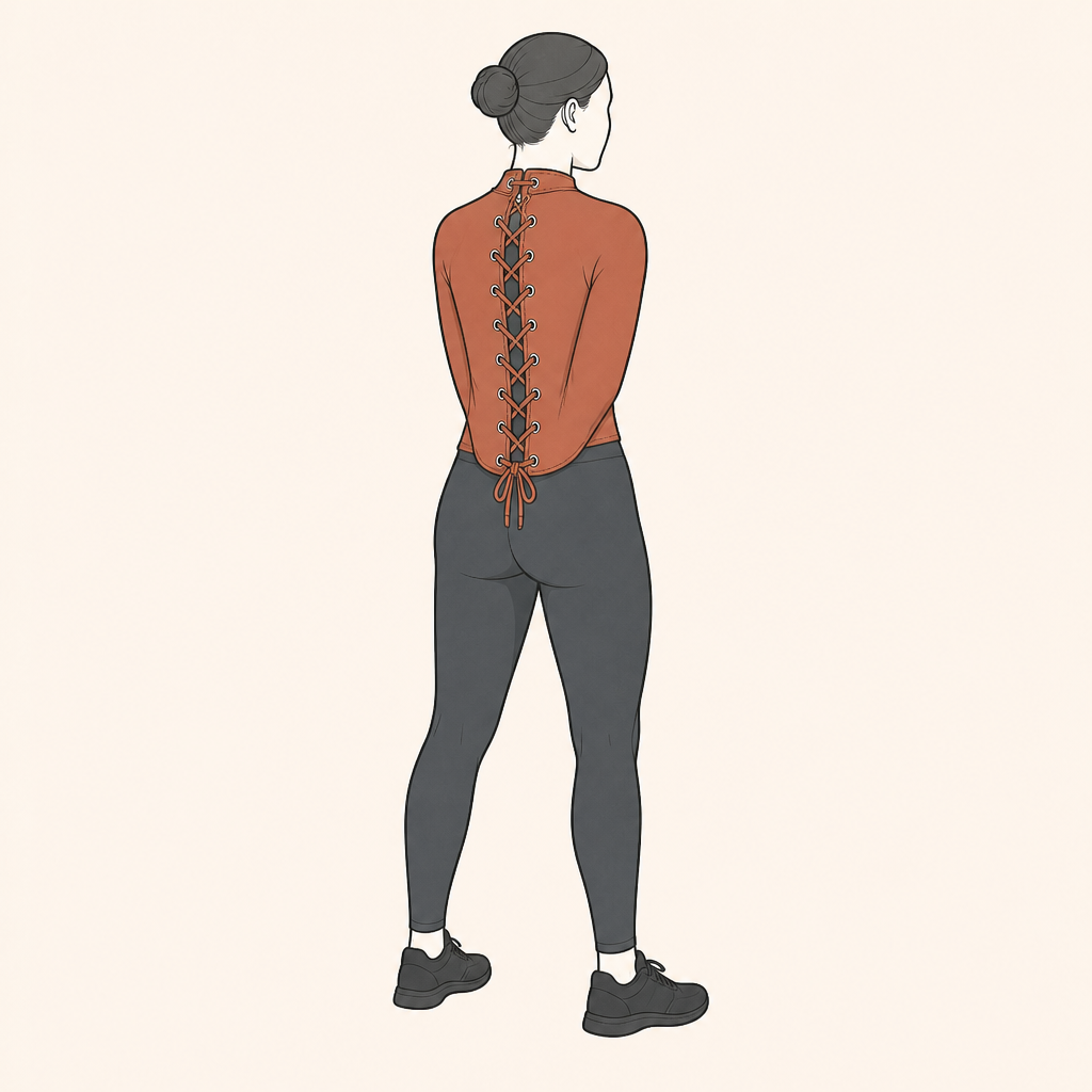 Diagram: Laced into the suit, arms sleeved behind