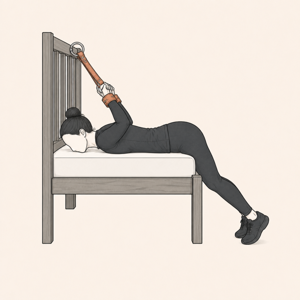 Diagram: Chest on the bed edge, arms drawn up behind